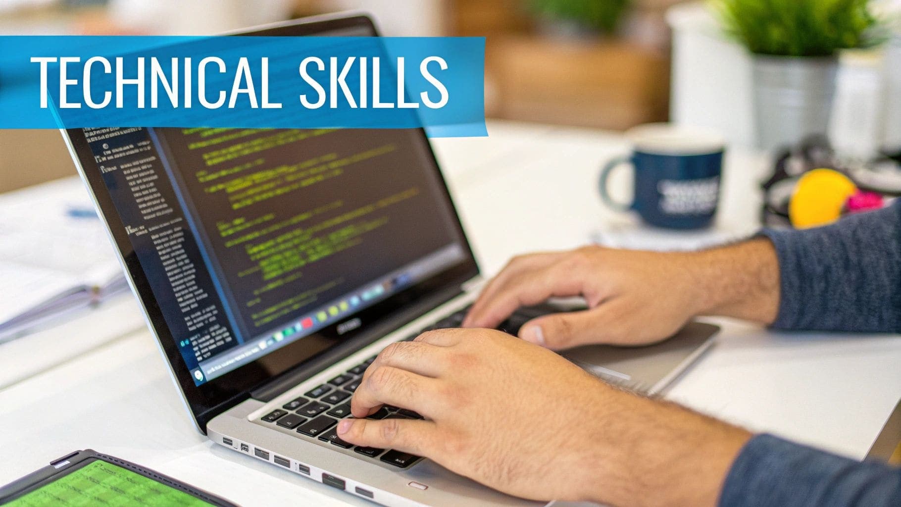 Close-up of professional hands typing on laptop displaying programming code with TECHNICAL SKILLS banner for demonstrating technical competency and software development expertise on resume
