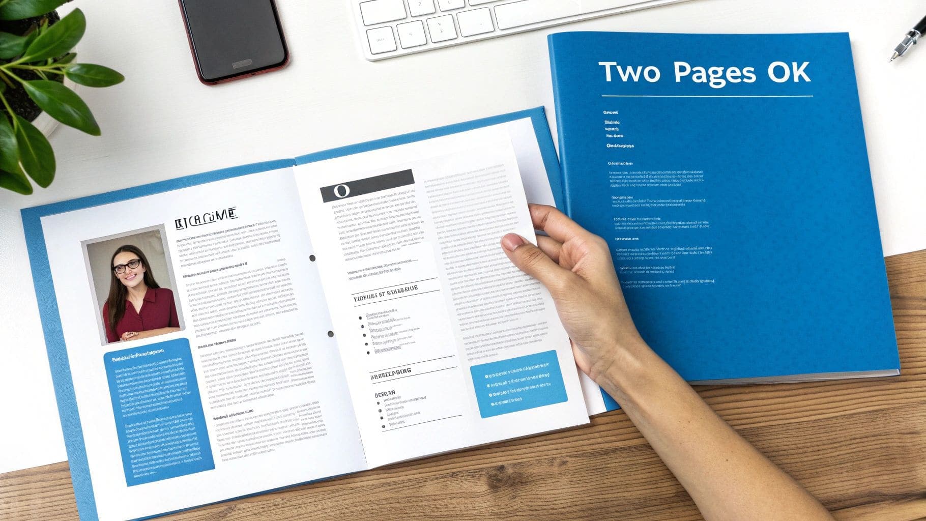 Professional hand opening blue folder revealing multi-page resume document and career profile on wooden desk for demonstrating two-page resume format and professional document organisation