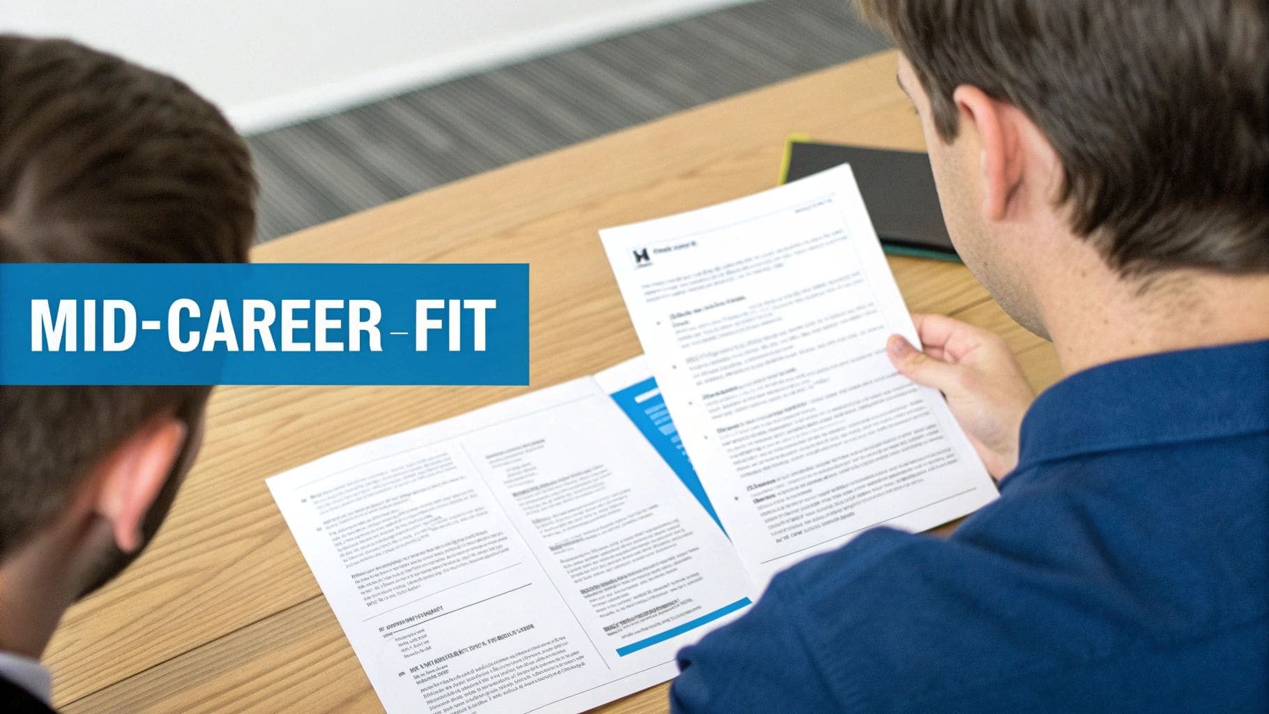 Two professionals reviewing documents and papers together on wooden table from behind perspective for demonstrating collaborative resume review and professional document assessment