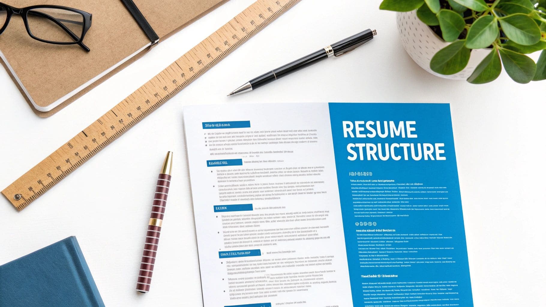 Overhead view of professional workspace featuring document titled RESUME STRUCTURE with office supplies, notebook, pen and glasses on wooden desk for demonstrating resume organisation and professional document layout planning