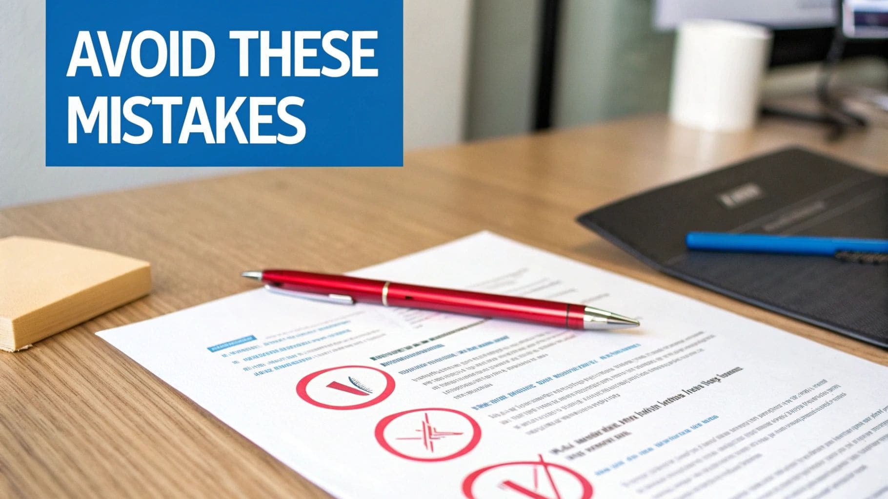 Professional document titled AVOID THESE MISTAKES with red correction pen on wooden desk for demonstrating resume error checking and common formatting mistakes to avoid in professional documents