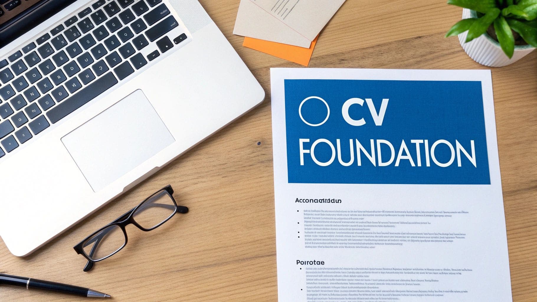 Overhead view of wooden desk workspace with laptop computer, reading glasses, pen and CV Foundation document for demonstrating professional CV writing and document preparation process