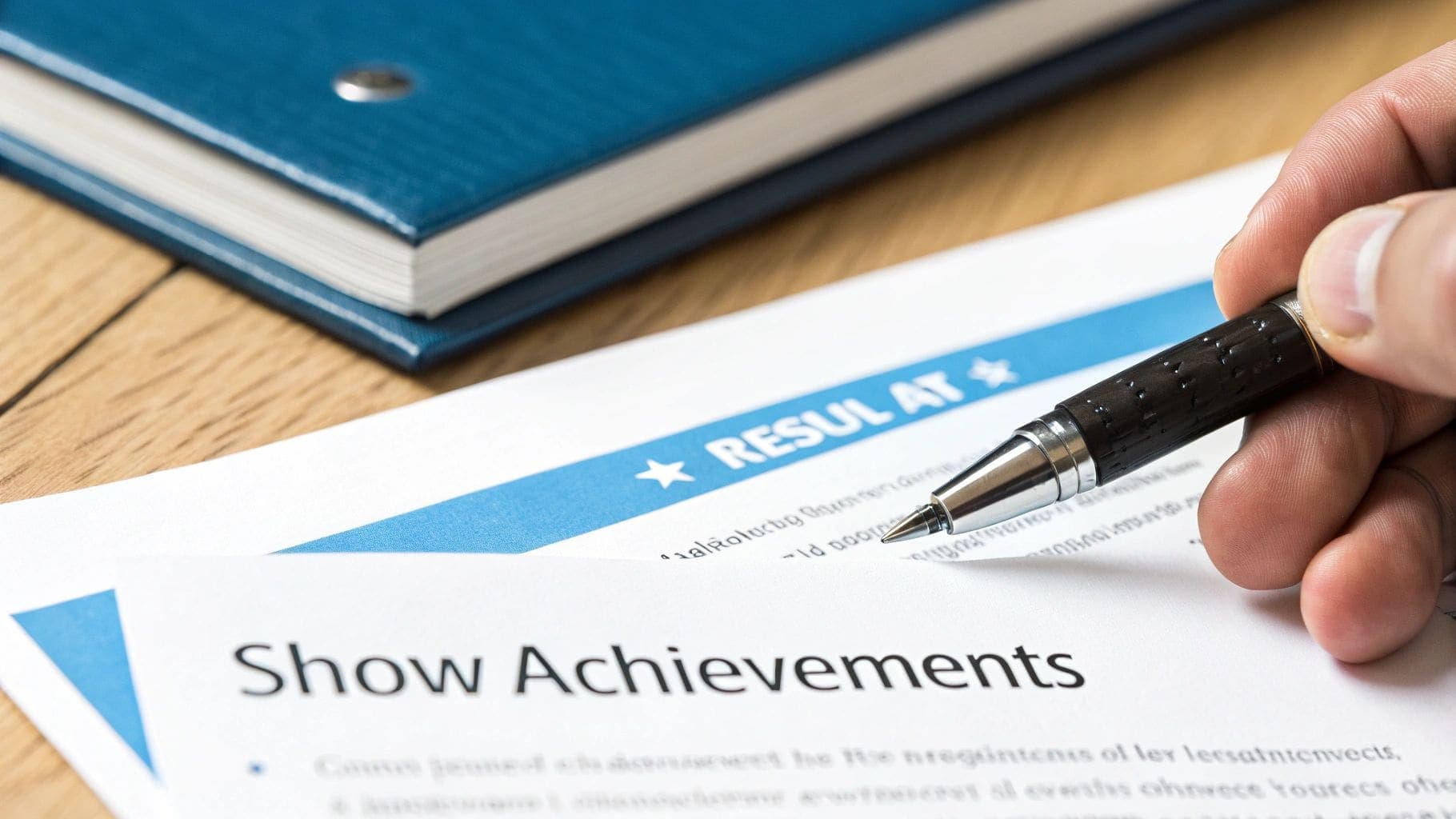 Professional hand with pen pointing to resume document with Show Achievements text for demonstrating achievement-based CV writing and quantifiable results documentation