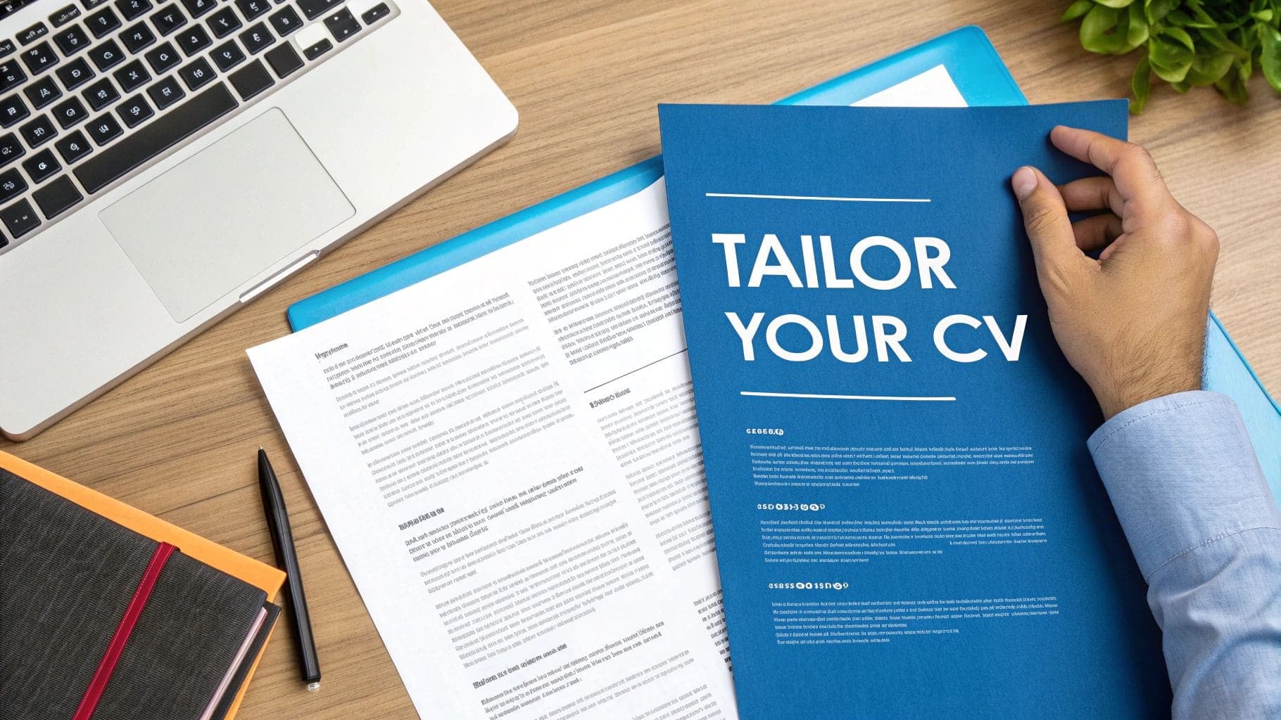 Professional holding blue document reading TAILOR YOUR CV on wooden desk with laptop, papers and pen for demonstrating CV customisation and job-specific application strategy