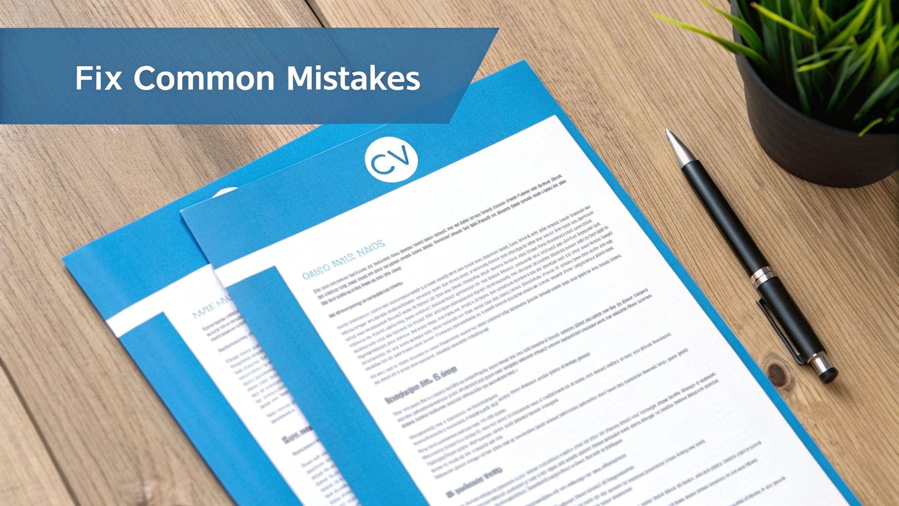 Two professional CV documents on wooden desk with pen, plant and Fix Common Mistakes banner for demonstrating CV error checking and common formatting pitfalls to avoid