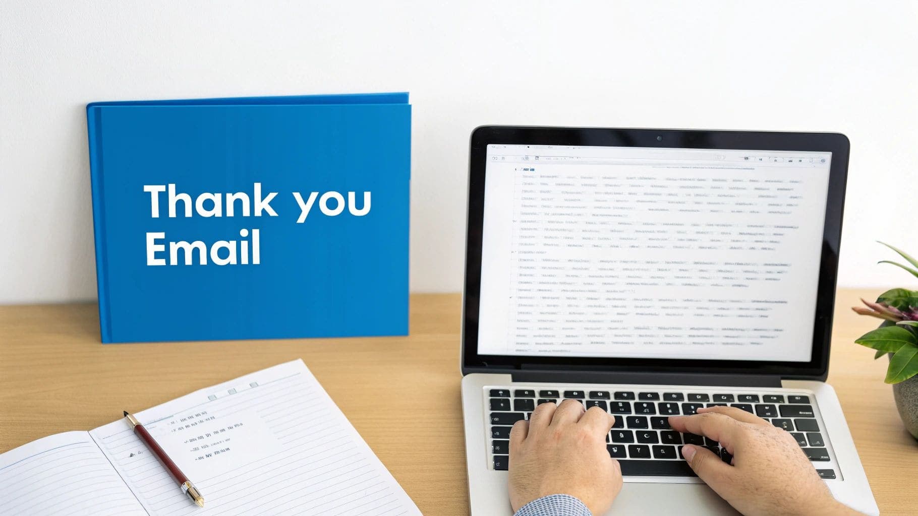 Professional typing on laptop computer next to blue binder labelled Thank you Email on wooden desk for demonstrating post-interview email writing and professional follow-up communication strategy