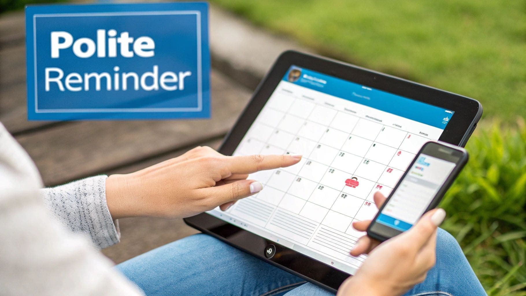 Professional interacting with digital calendar on tablet whilst holding smartphone with Polite Reminder sign nearby for demonstrating follow-up timing and professional reminder strategy after job interview