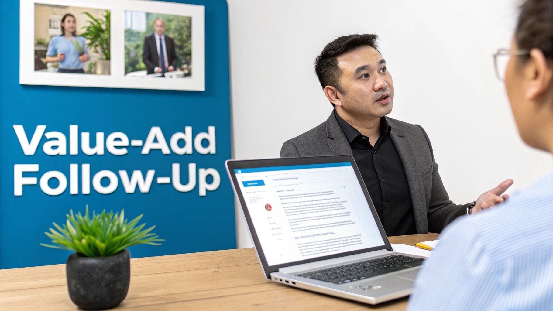 Professional man in suit jacket discussing with colleague near laptop with Value-Add Follow-Up sign for demonstrating advanced interview follow-up strategies and professional networking techniques