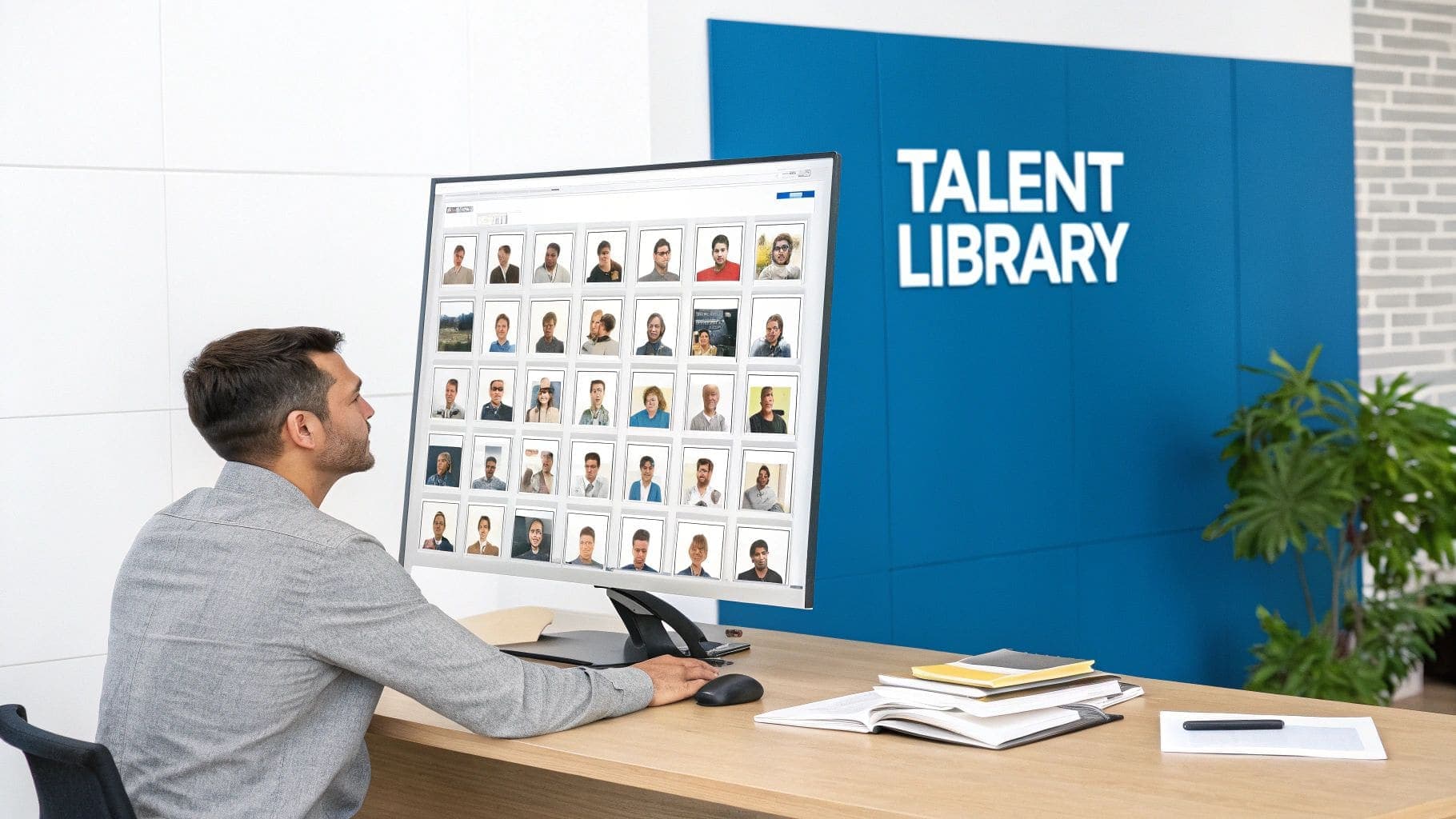 Professional viewing a large monitor displaying a grid of candidate profiles in a modern talent library system