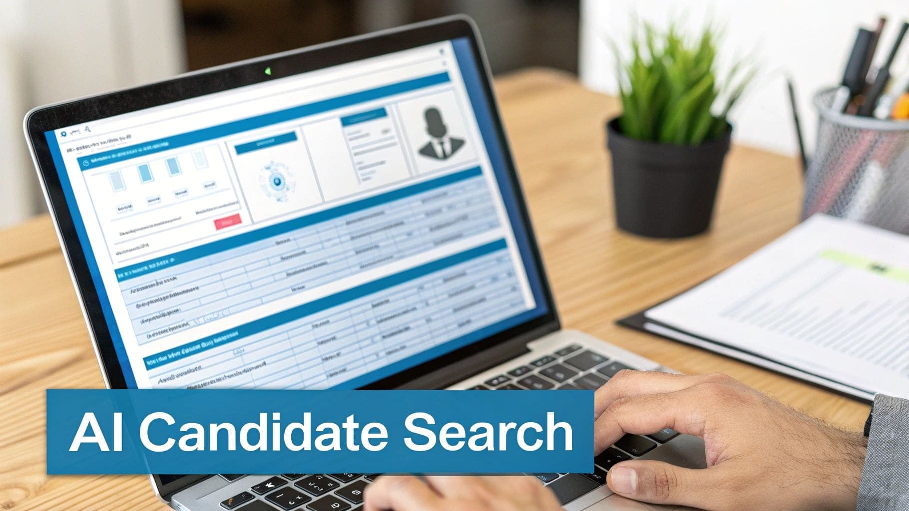 Professional using a laptop displaying an AI-powered candidate search interface on a wooden desk