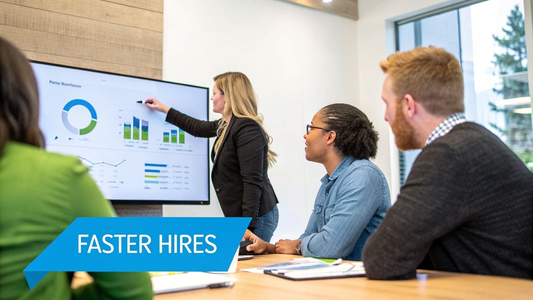 Professional woman presenting business data and analytics on a large screen to colleagues in a modern meeting room