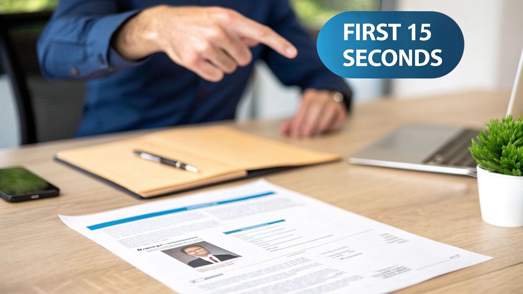 Professional pointing to a resume on a desk with laptop and phone emphasising the critical first 15 seconds of CV review