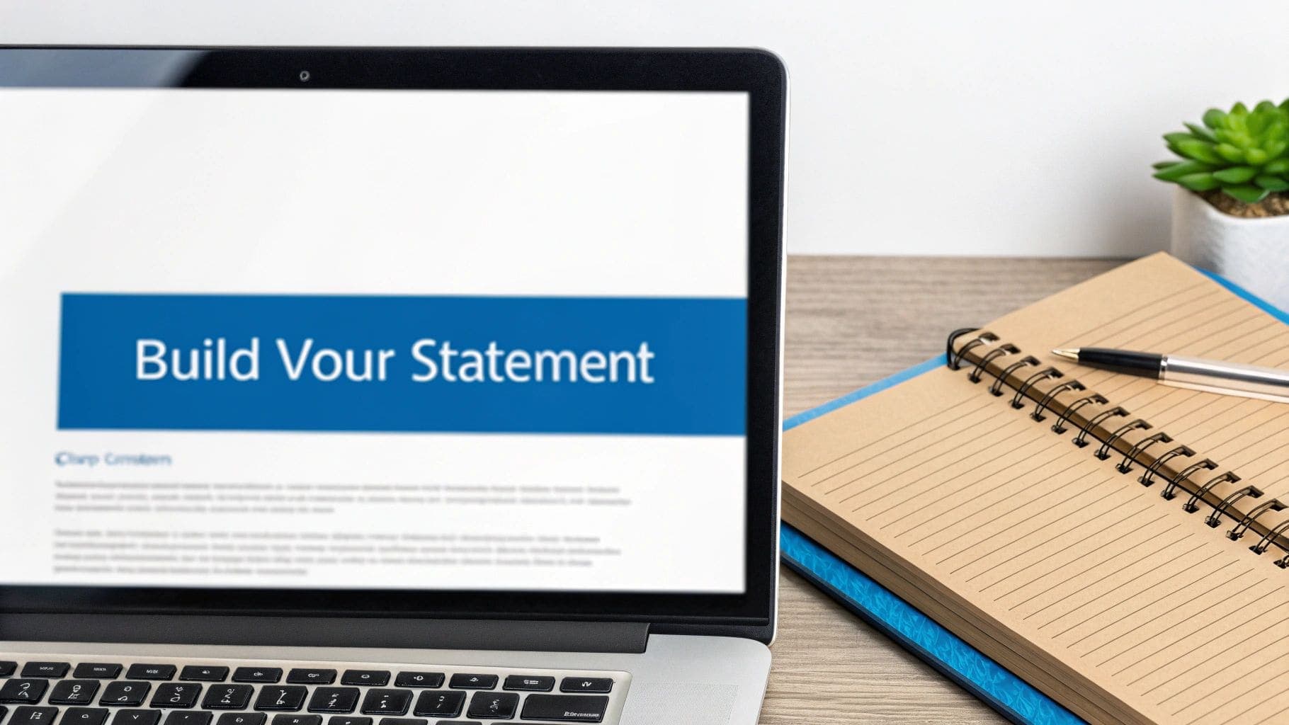 Laptop screen displaying 'Build Your Statement' text with notebook, pen, and plant on a wooden desk
