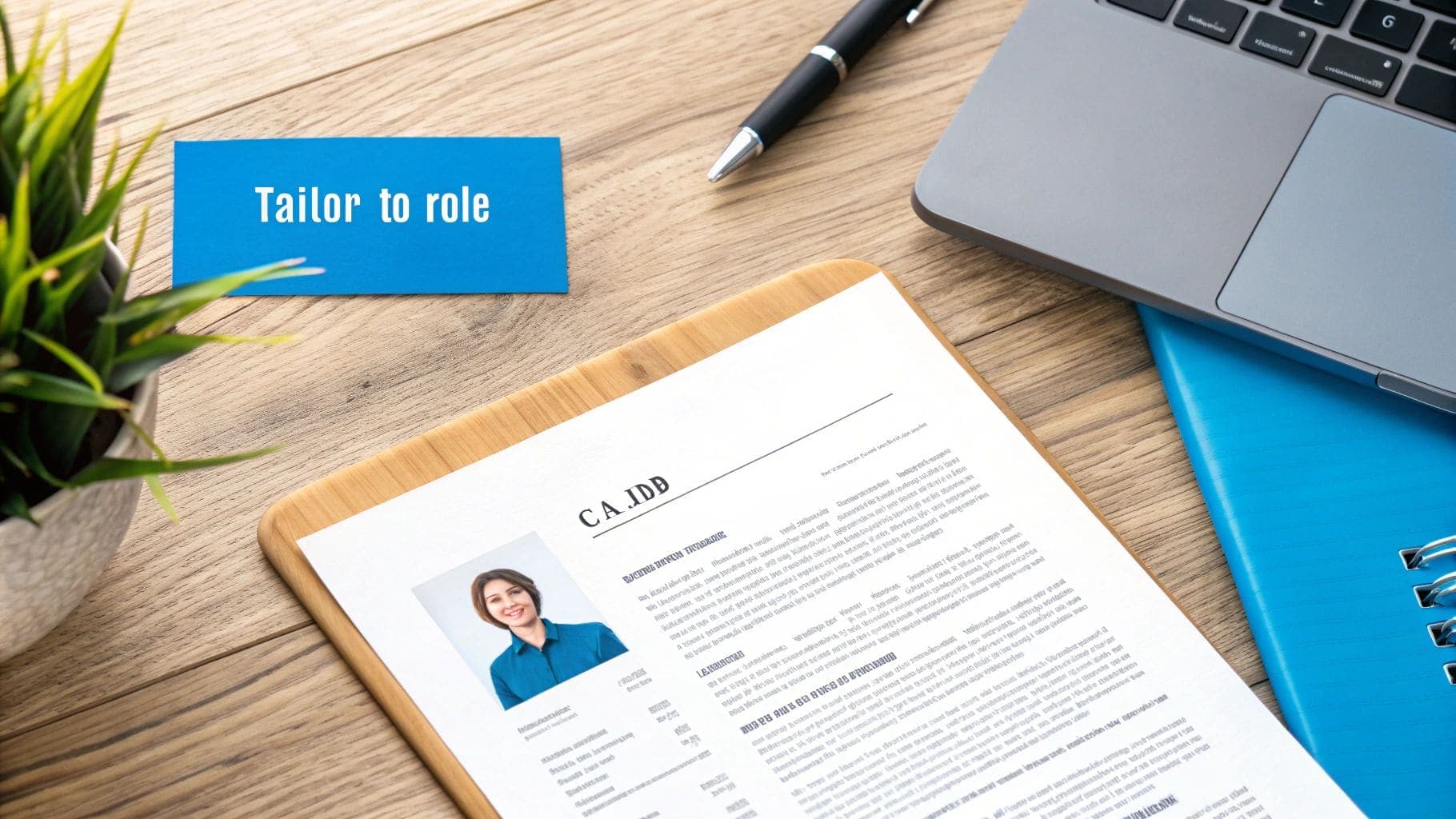 Wooden desk with resume on clipboard, 'Tailor to role' note, laptop, and plant for customised CV applications