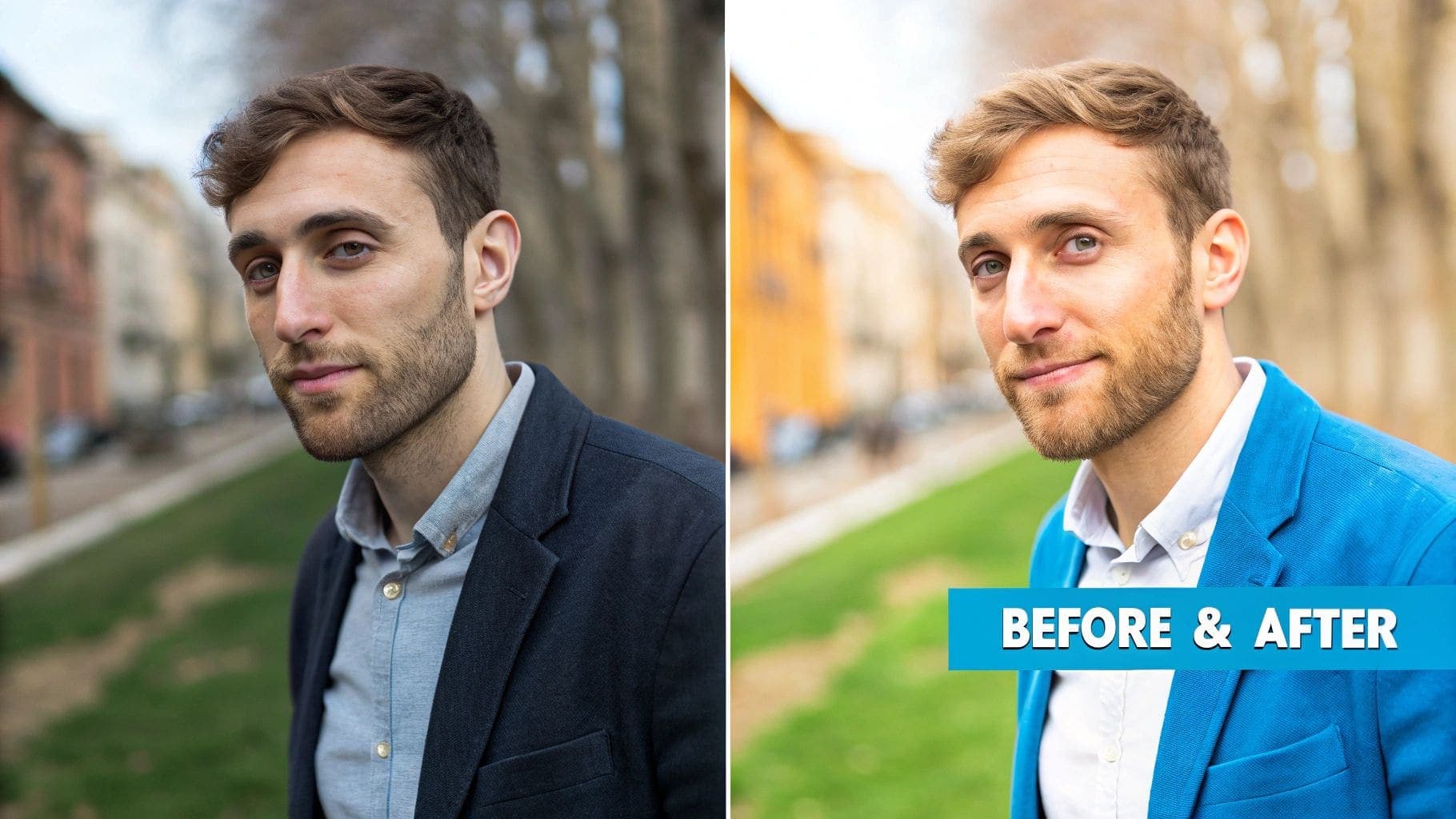 Split image showing a professional transformation before and after with enhanced presentation in vibrant blue jacket