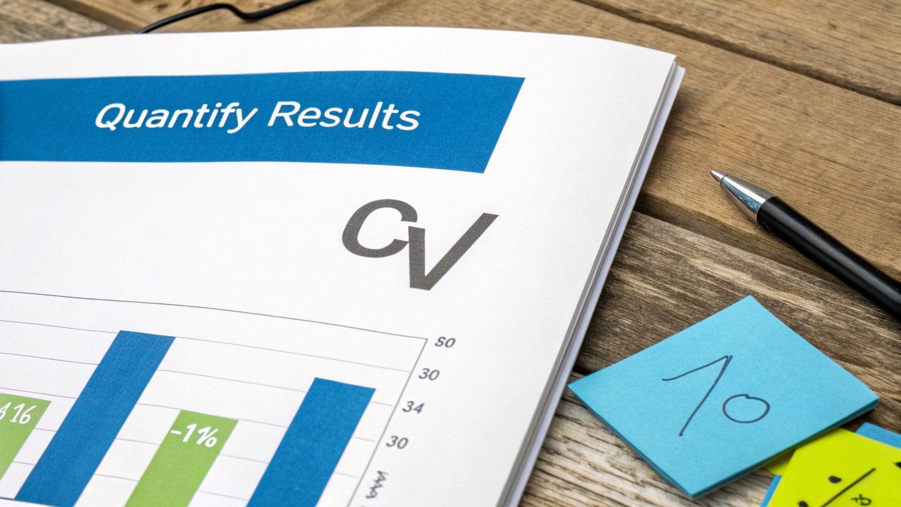 CV document open to 'Quantify Results' page with bar chart, pen, and sticky note on wooden desk
