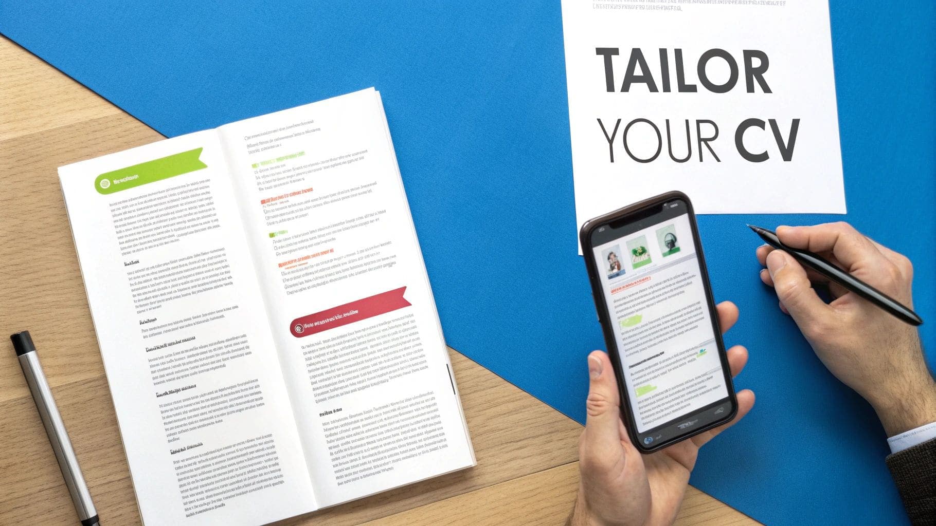 Professional reviewing CV information on smartphone and brochure next to 'TAILOR YOUR CV' document for job applications