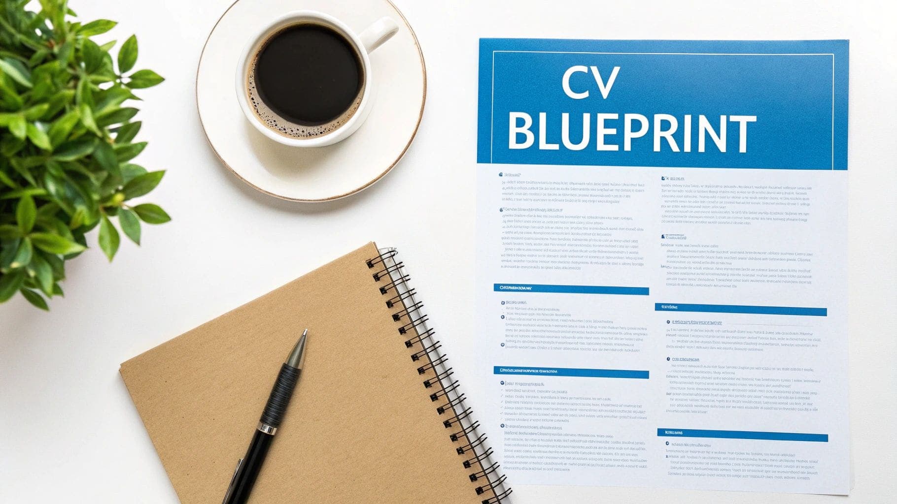 Flat lay of a professional workspace featuring a CV blueprint with coffee, notebook, pen, and green plant on desk