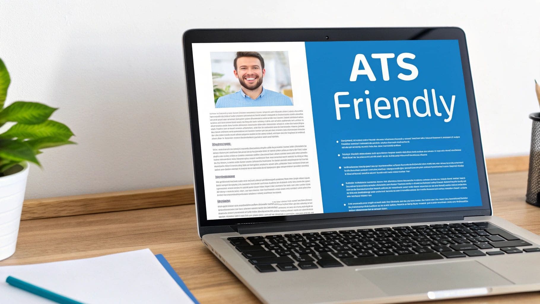 A laptop displays a professional ATS-friendly resume with a smiling professional's photo on a wooden desk
