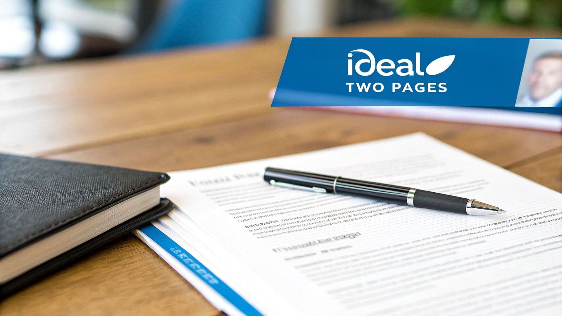 A pen resting on documents next to a black notebook on a wooden desk with an 'Ideal' banner indicating optimal CV length