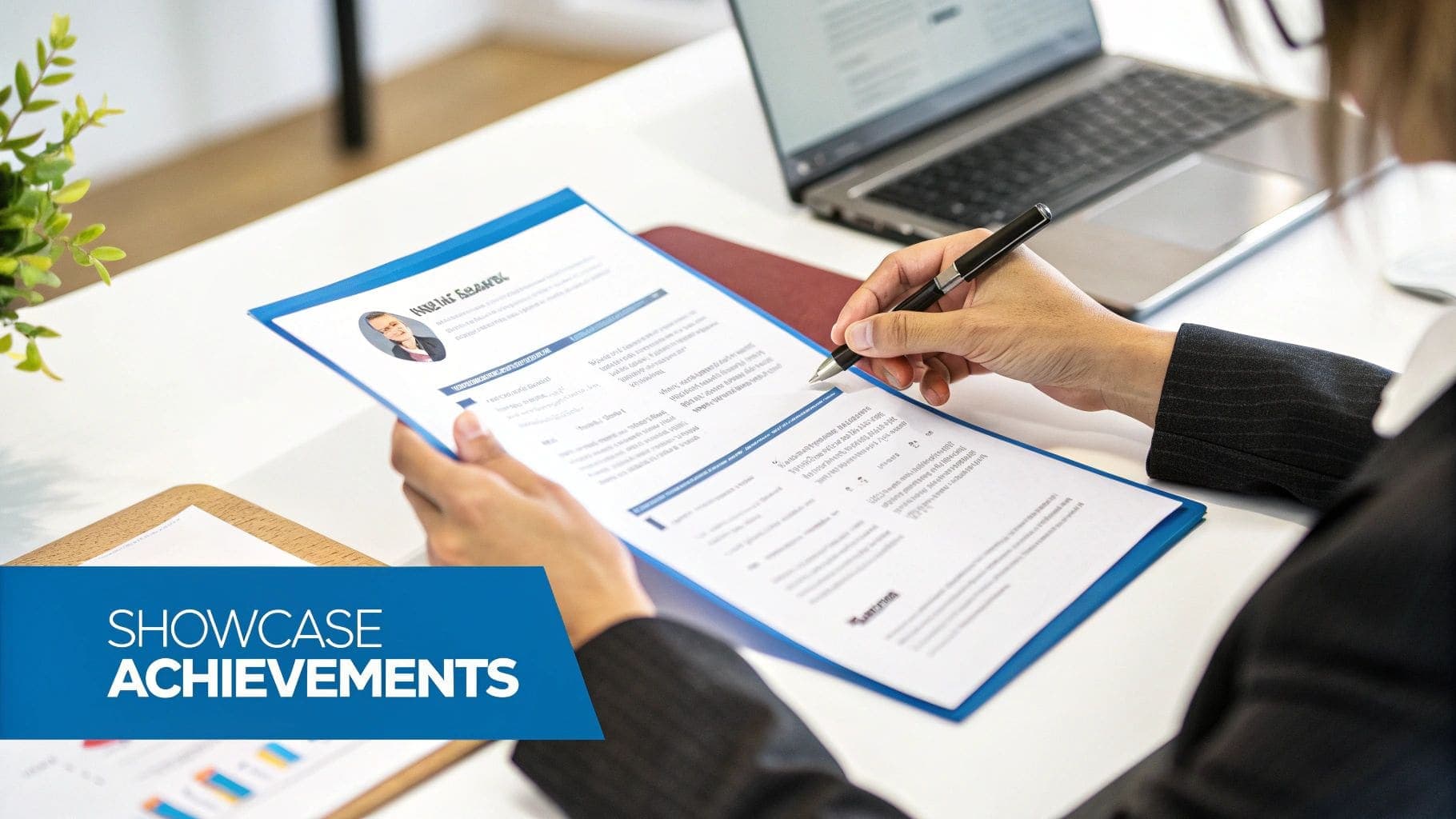 Professional hands writing on a resume or CV with a pen at a desk next to a laptop demonstrating CV review