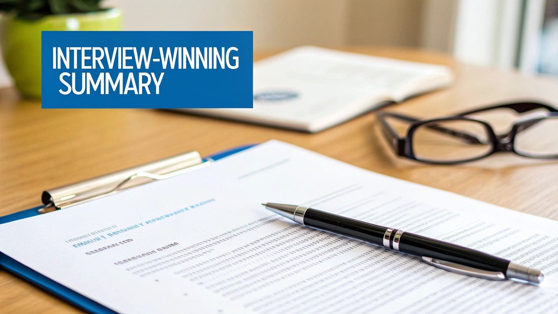 A professional workspace with documents, pen, glasses, and banner reading 'Interview-Winning Summary' for CV writing