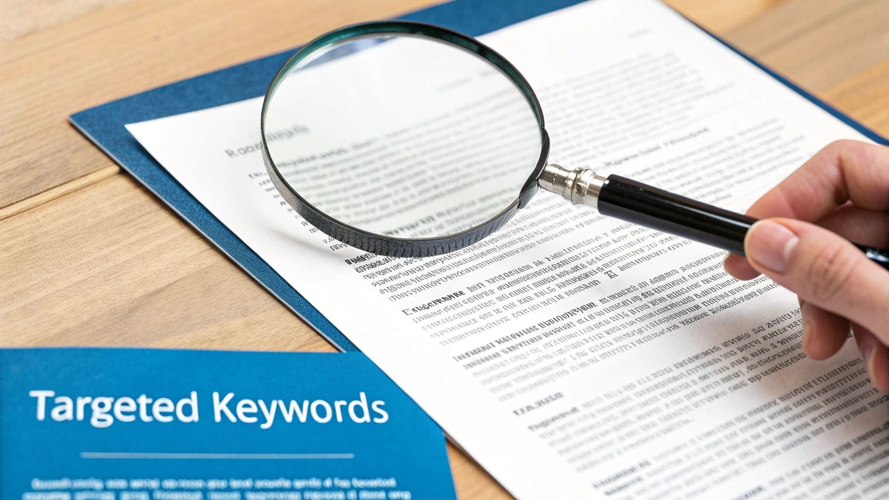 A hand holding a magnifying glass over a document with 'Targeted Keywords' on blue paper for job search strategy