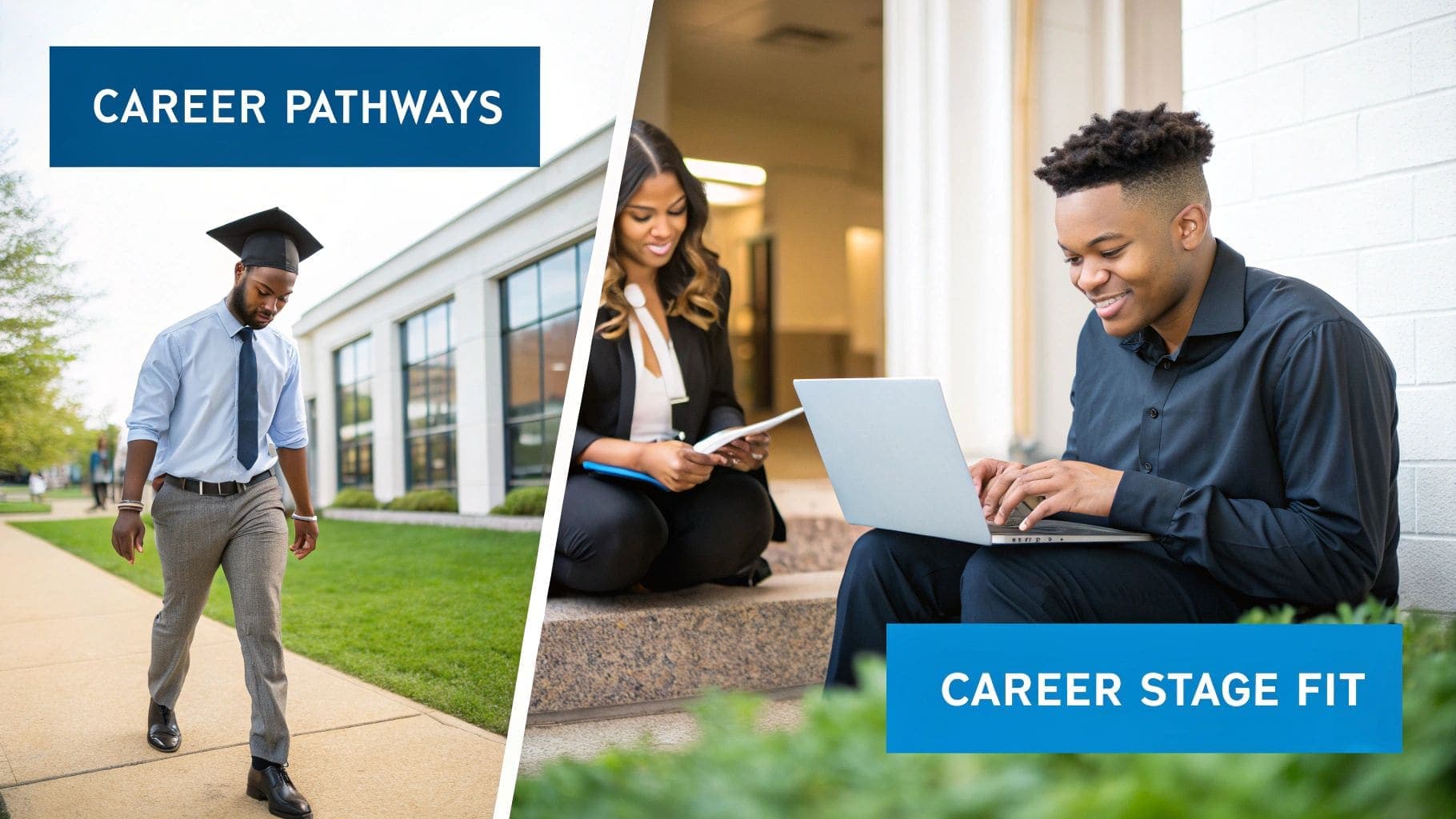 Diverse young adults exploring career pathways featuring a recent graduate and students working together