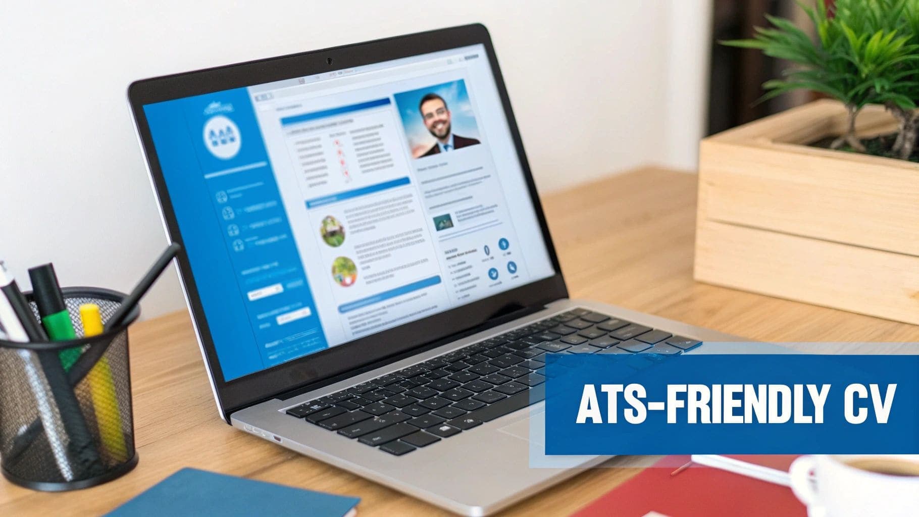 A laptop on a wooden desk displays an ATS-friendly CV template with a professional photo ready for job applications