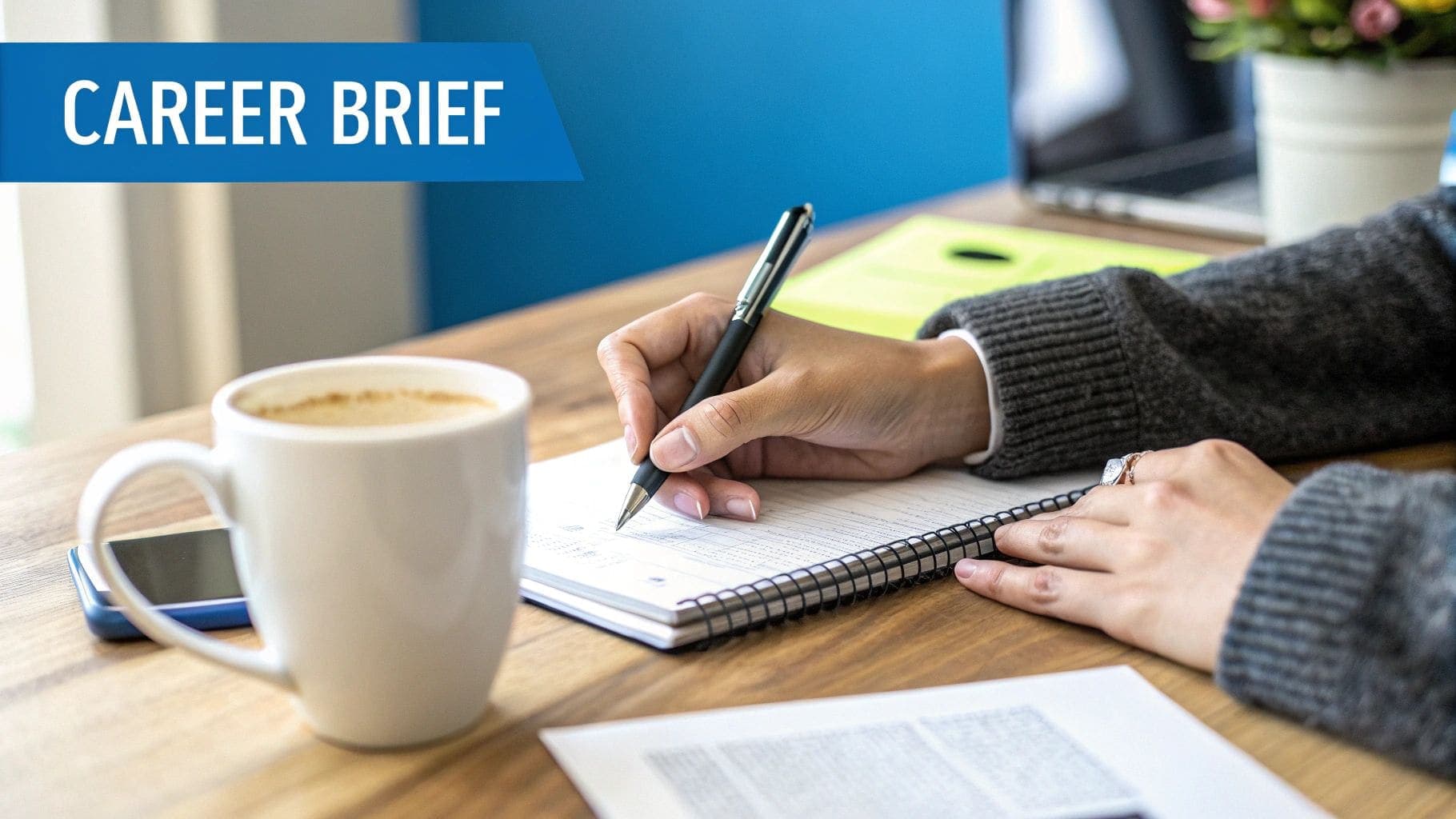 A person writing in a notebook, with a coffee mug, smartphone, and 'CAREER BRIEF' banner for planning career change