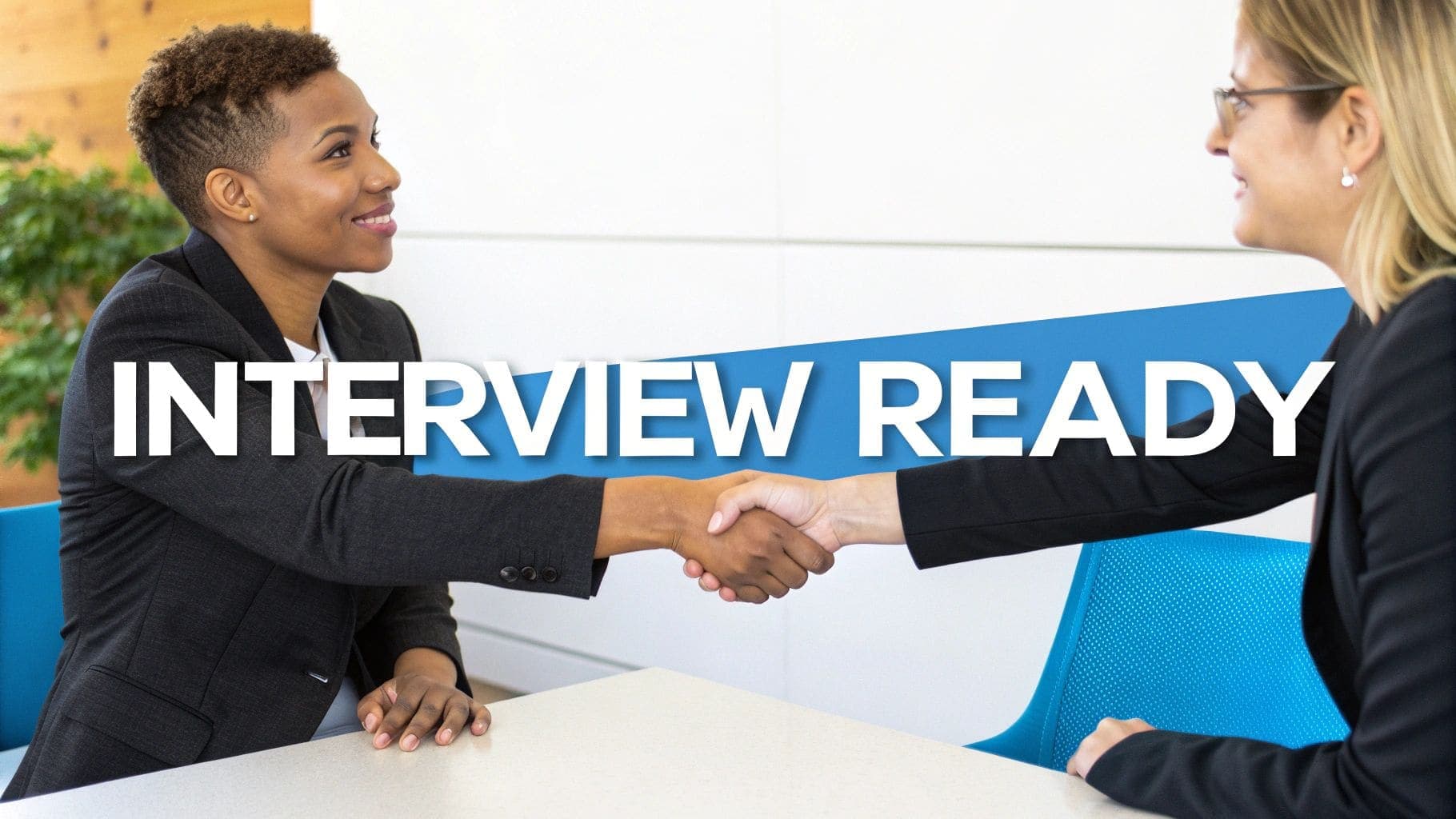 Two smiling women in business attire shake hands across a table, with text 'INTERVIEW READY' for job interview success