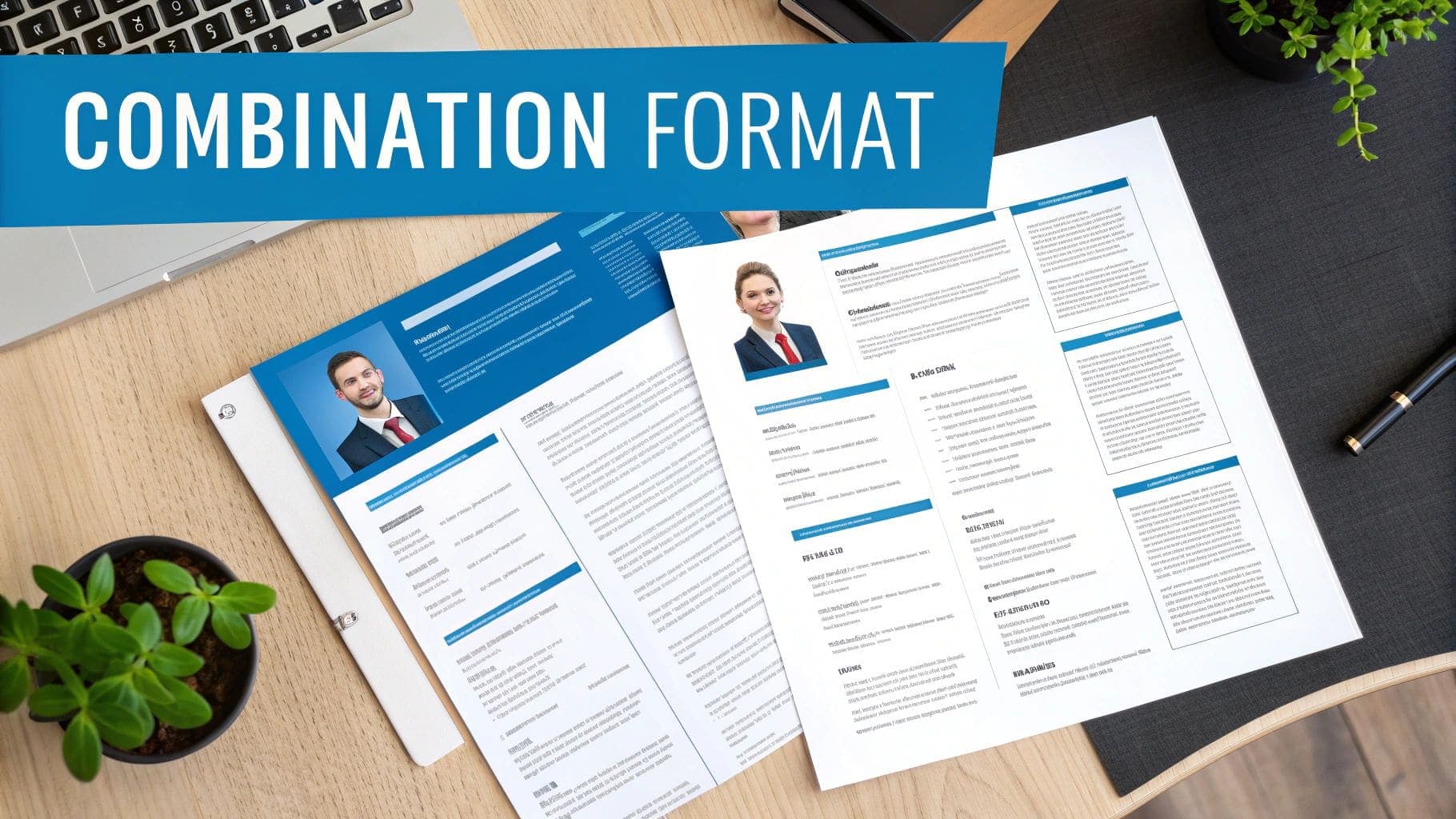 Two combination format resume templates with professional headshots on a desk, next to a laptop for career transition