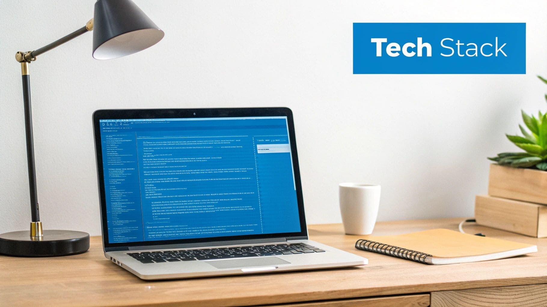 Laptop displaying code on a wooden desk with a lamp, coffee cup, and notebook showing a tech stack for software engineering resume