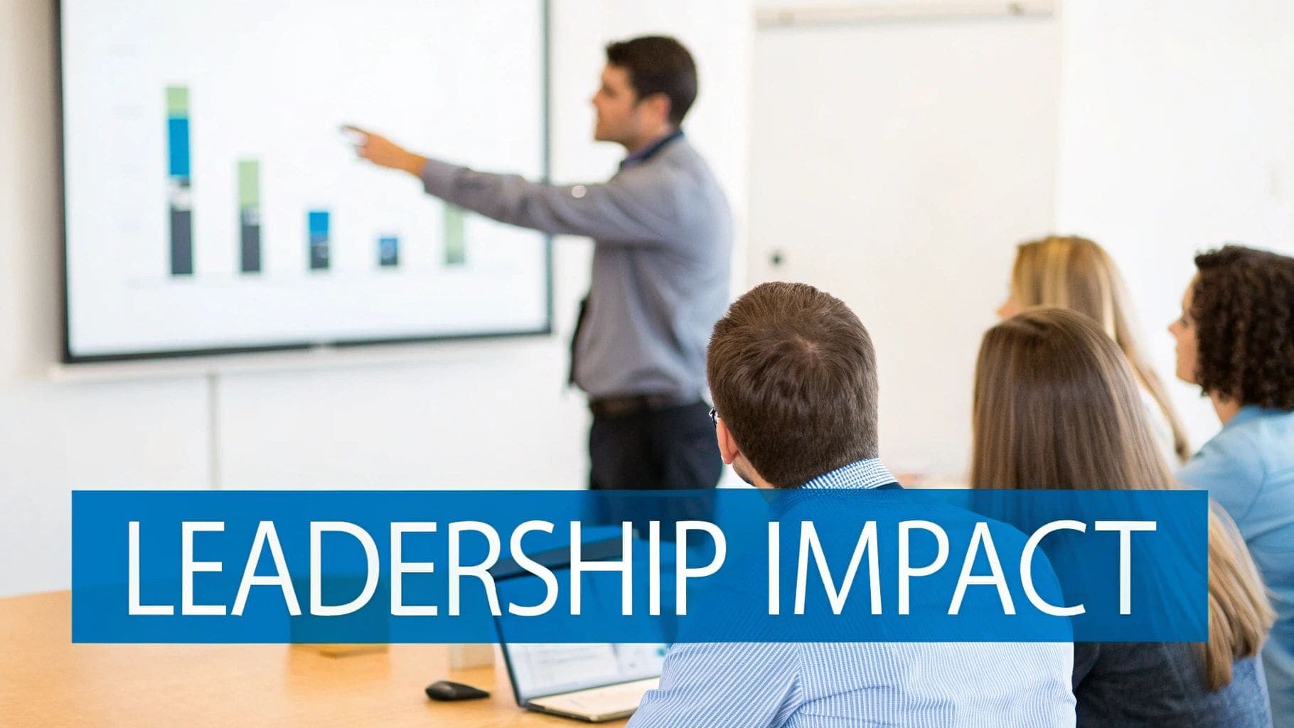 A man presents a bar chart on a screen to an attentive audience demonstrating leadership impact for management resume