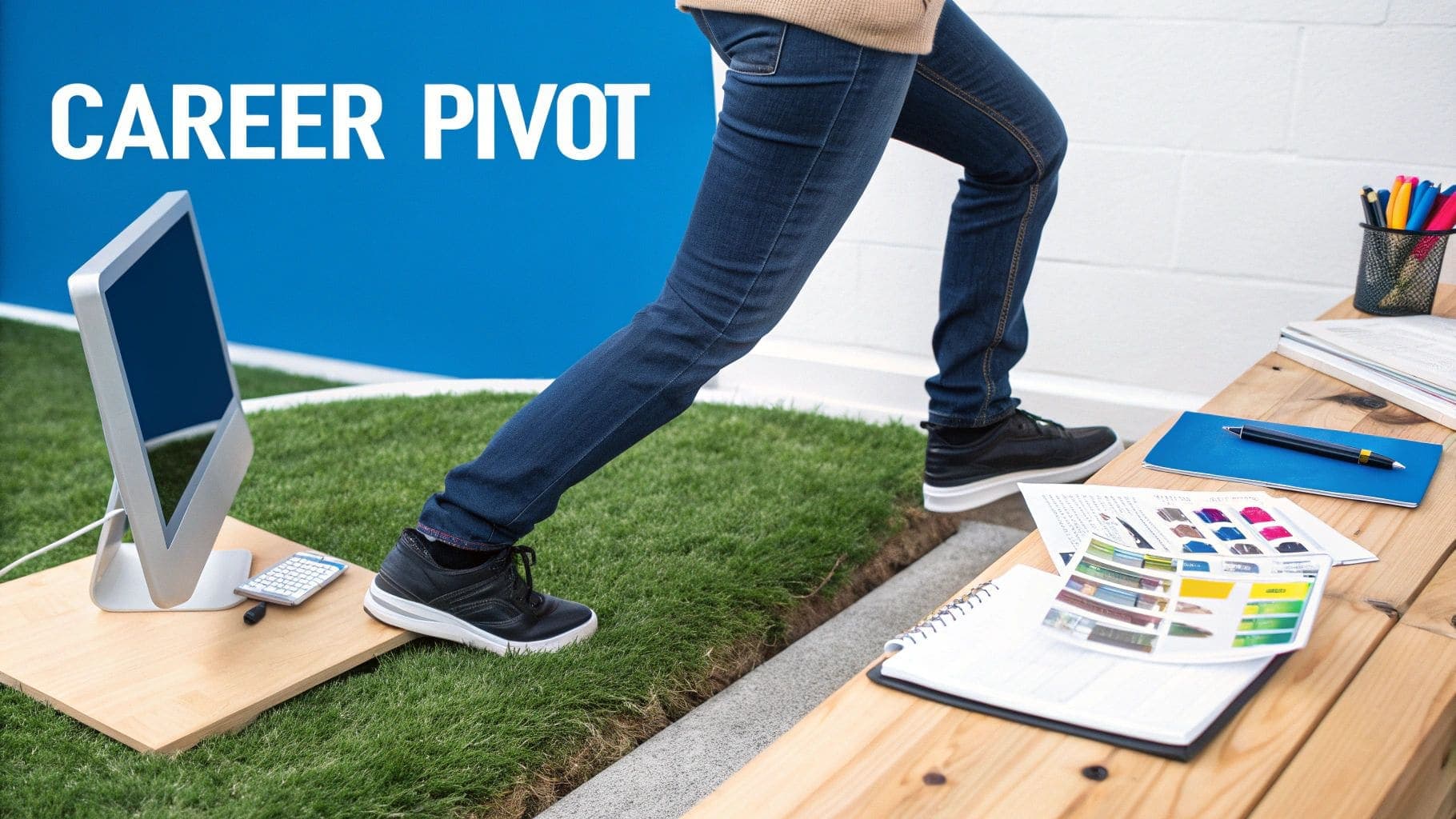 Person stepping up from artificial grass to a wooden desk with text 'CAREER PIVOT' on blue wall for career change resume