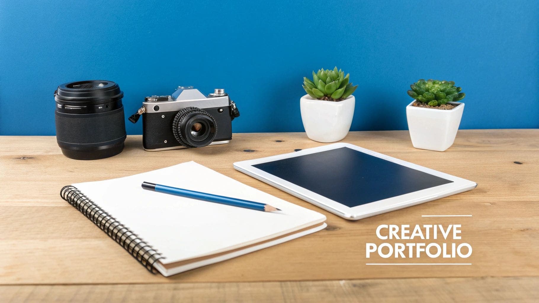 A creative desk setup featuring photography gear, a tablet, notebook, pencil, and two potted plants on a wooden surface for graduate resume