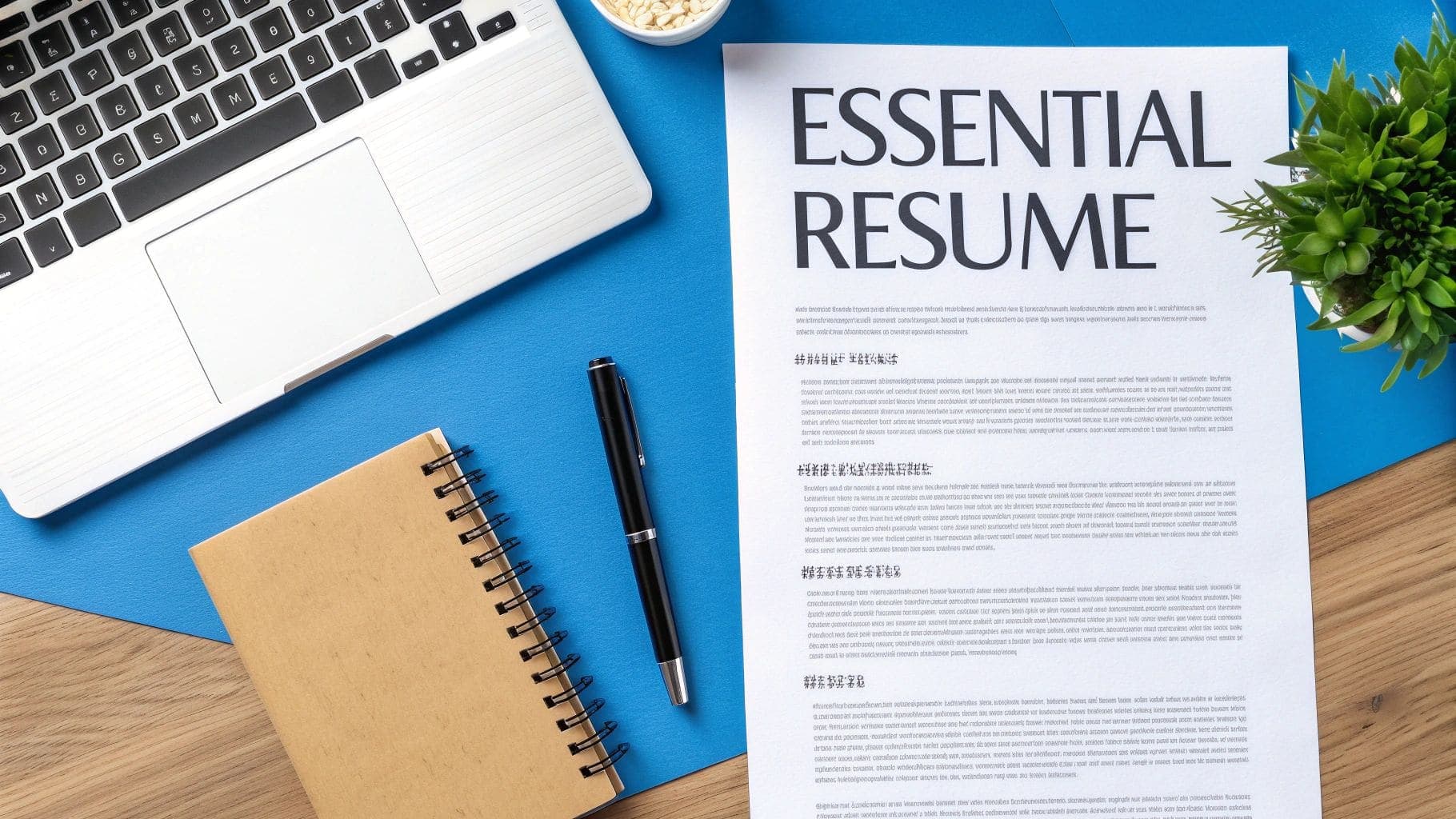 A flat lay of a professional desk setup with a laptop, 'Essential Resume' document, notebook, and pen on a blue background for internship applications
