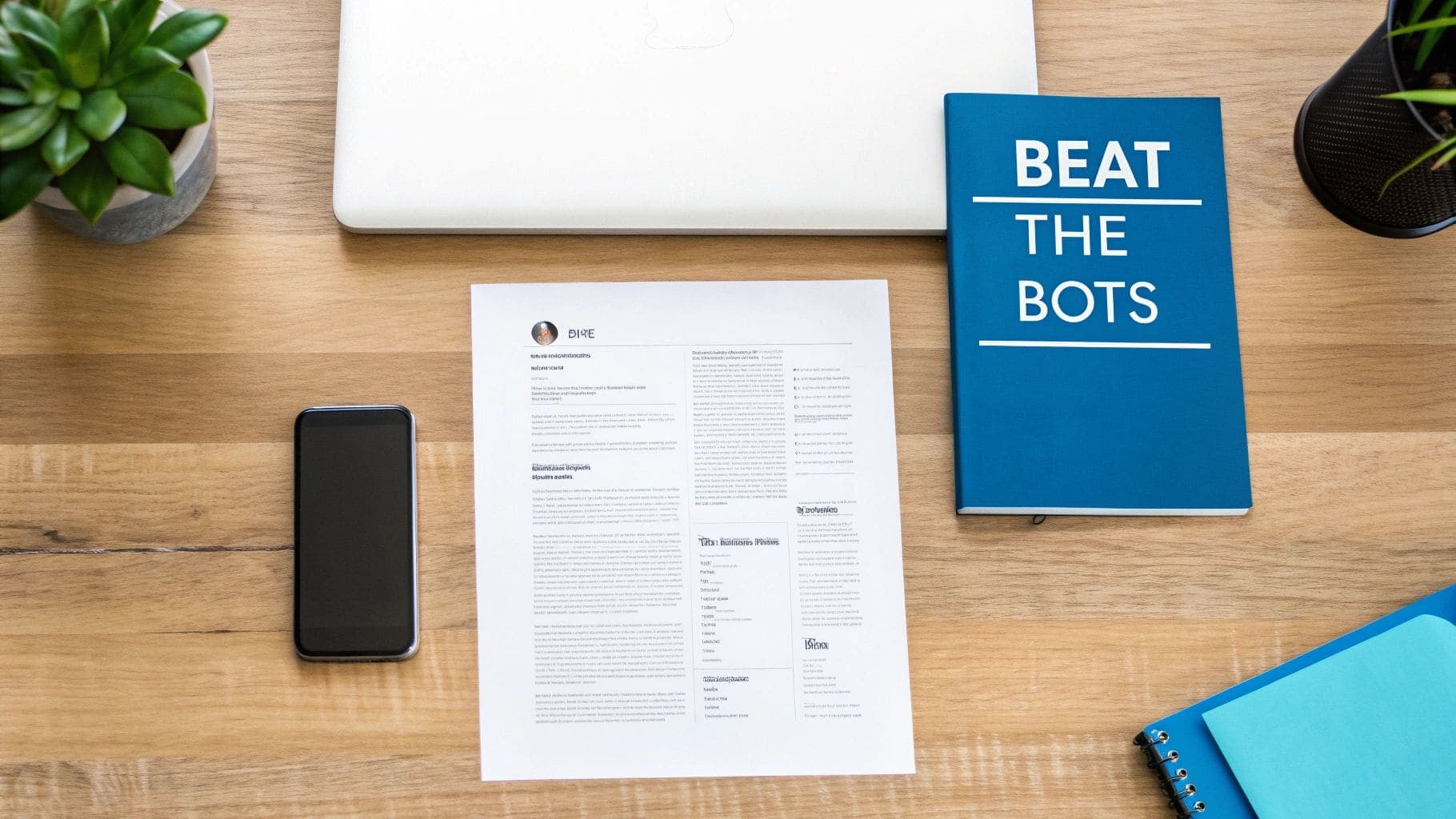 Overhead view of a professional desk setup with a laptop displaying a resume, smartphone, potted plant, and a blue notebook with Beat the Bots written on the cover