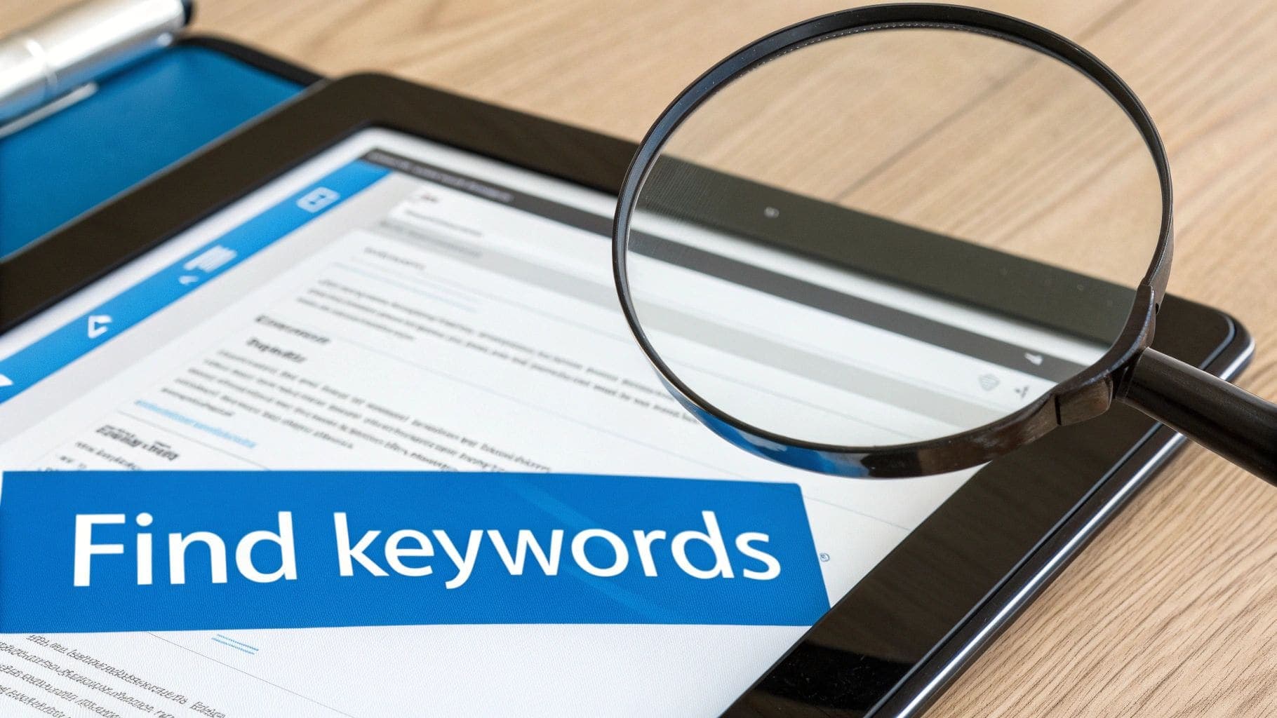 A magnifying glass resting on a tablet screen displaying the text Find keywords, representing SEO and keyword research
