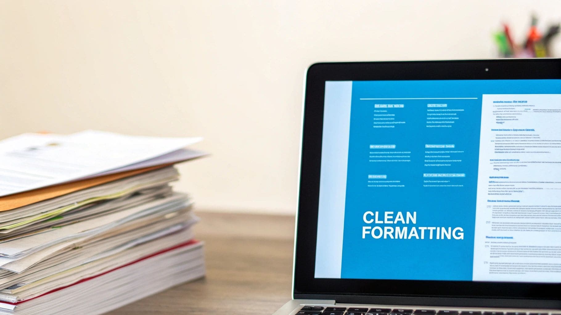 A laptop screen displaying the words CLEAN FORMATTING in white text on a blue background, with a stack of documents placed beside it