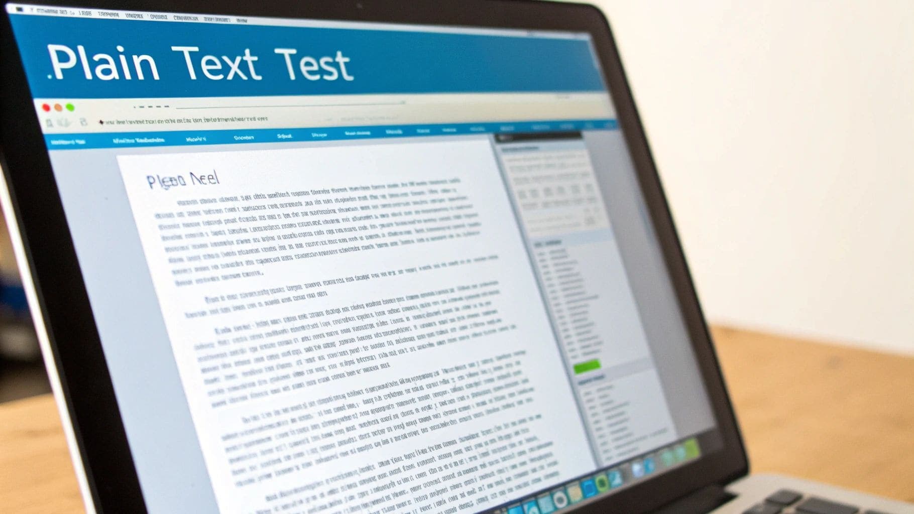 Close-up of a laptop screen displaying a webpage titled Plain Text Test with readable content visible on the screen