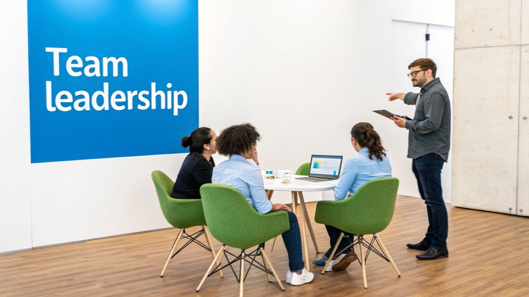 A professional man in business attire presenting leadership training concepts to three seated women at a conference table with a laptop, under a Team leadership sign
