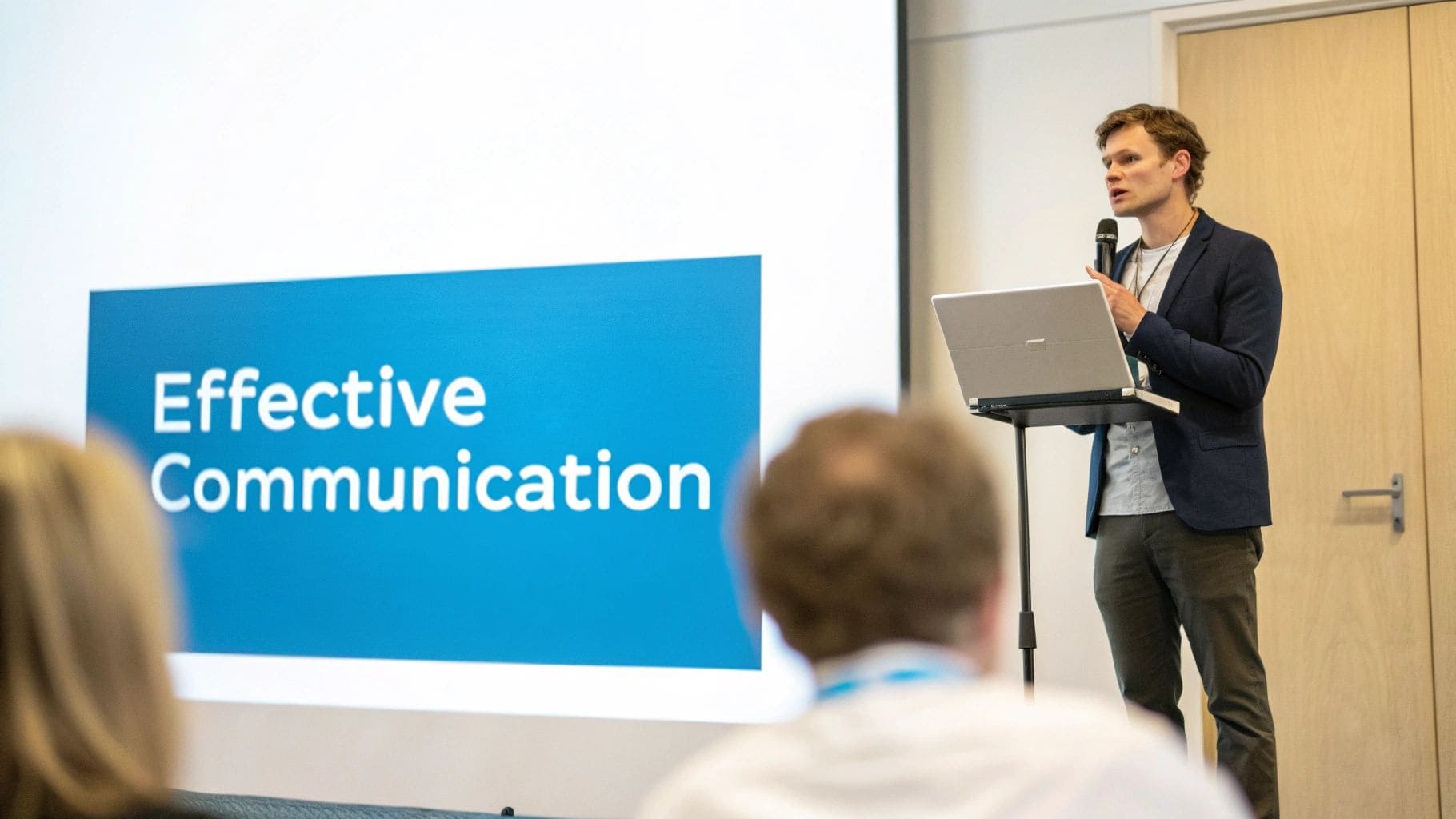 A professional man in business attire presenting a slide titled Effective Communication to an engaged audience during a conference or training session