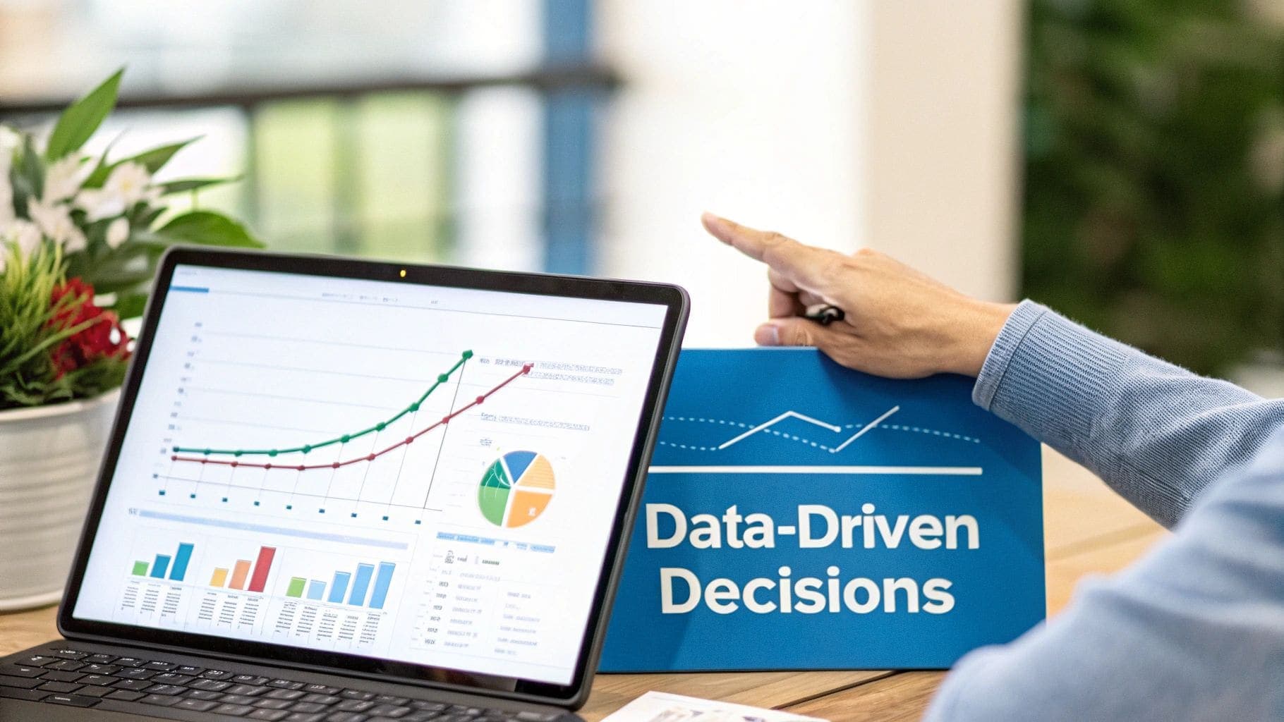 Close-up of a person's hand pointing to a sign reading Data-Driven Decisions next to a laptop screen displaying colorful analytical charts and graphs