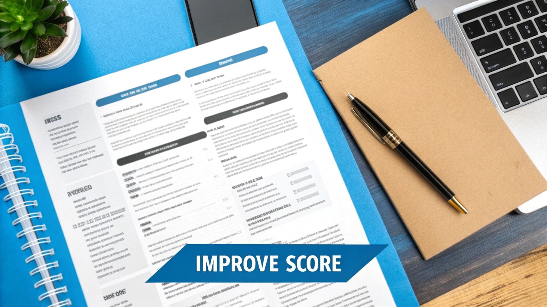 A professional document with an IMPROVE SCORE banner displayed on a blue desk surface, with a laptop and pen visible in the background