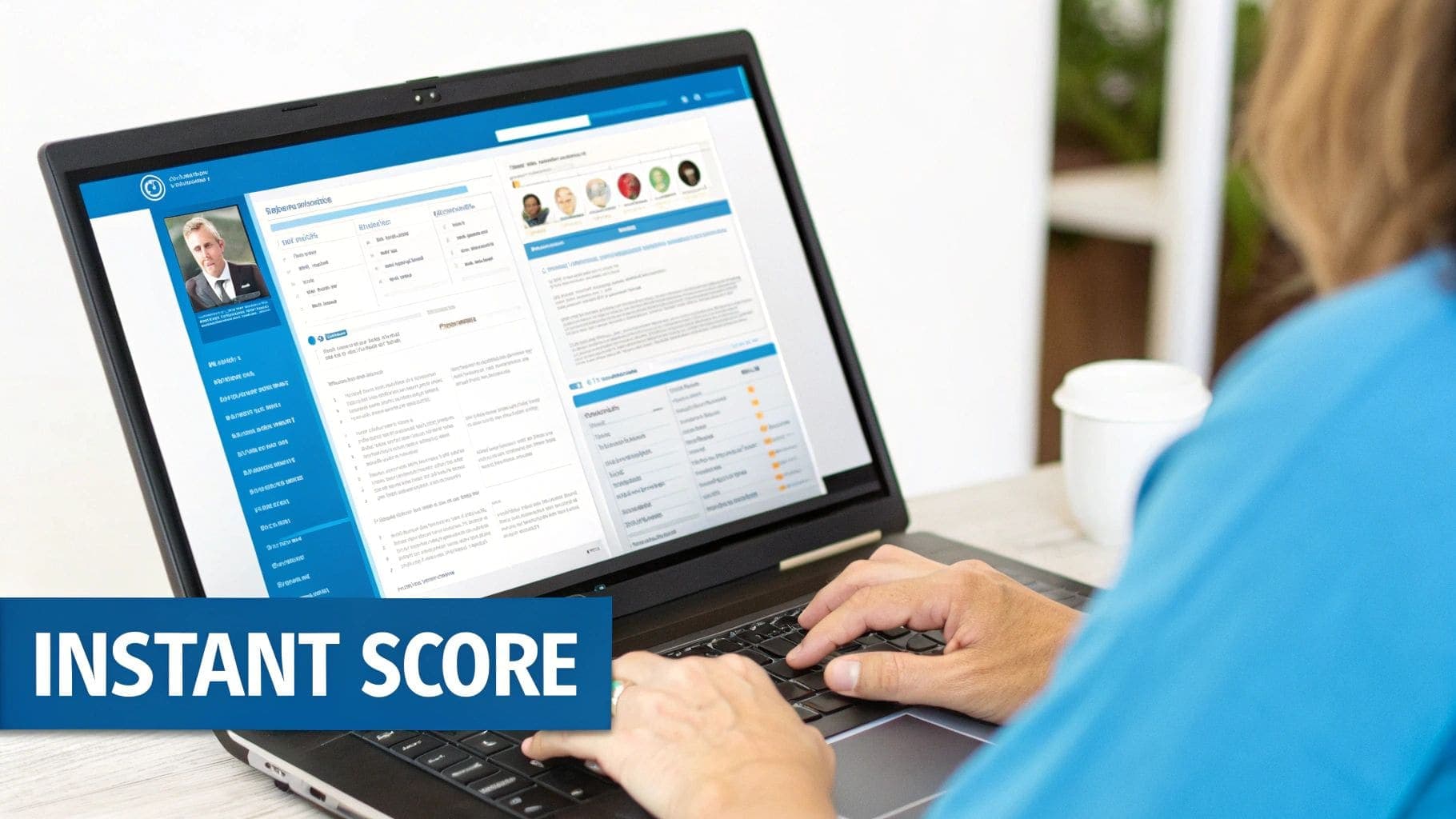 A person actively typing on a laptop displaying an ATS resume checker interface with a professional profile photo and INSTANT SCORE text prominently shown