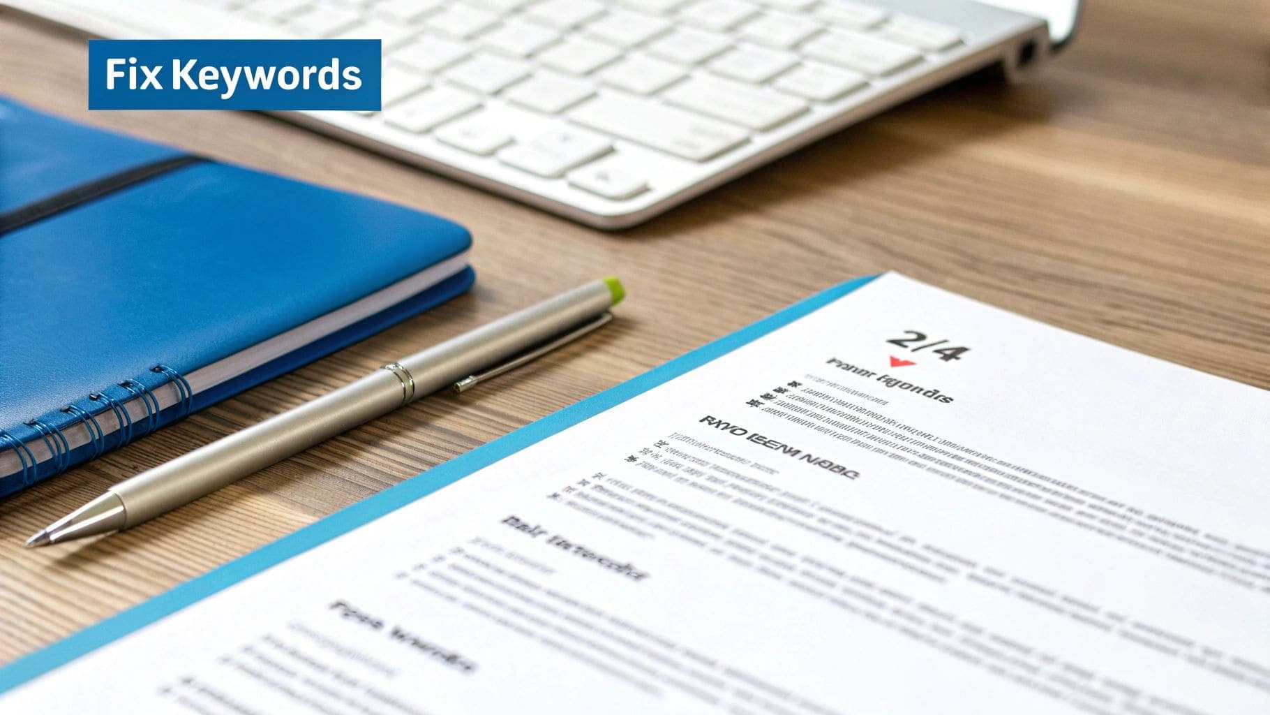 A person's hand actively writing notes on a professional resume document placed on a blue clipboard, emphasizing careful job application preparation