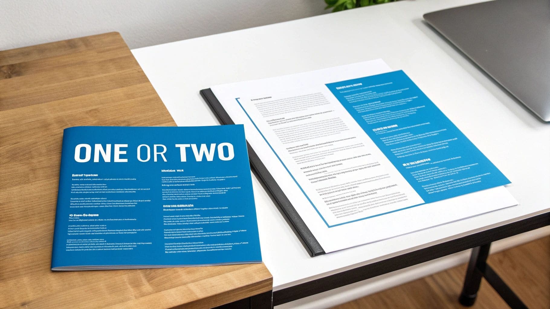 A professional blue booklet titled ONE OR TWO placed next to a formal resume document on a clean white desk surface