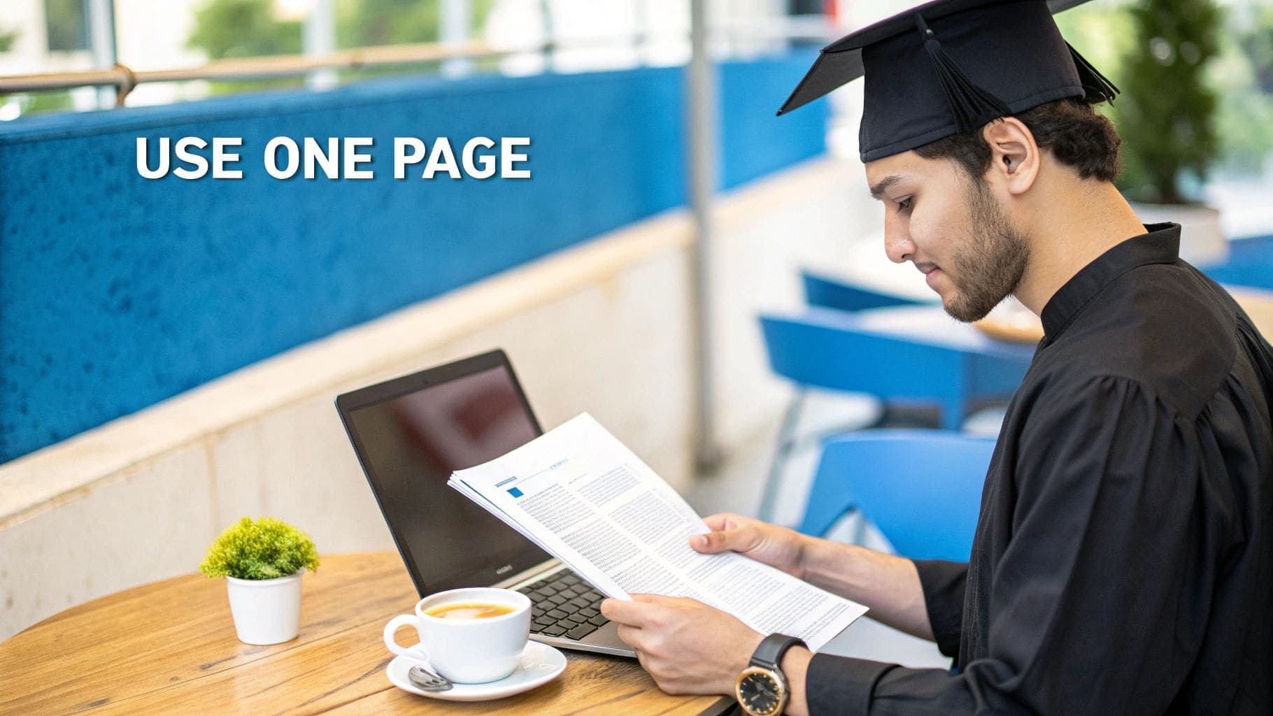 A recent graduate in traditional cap and gown carefully reviewing a one-page document on a wooden table with a laptop open beside them