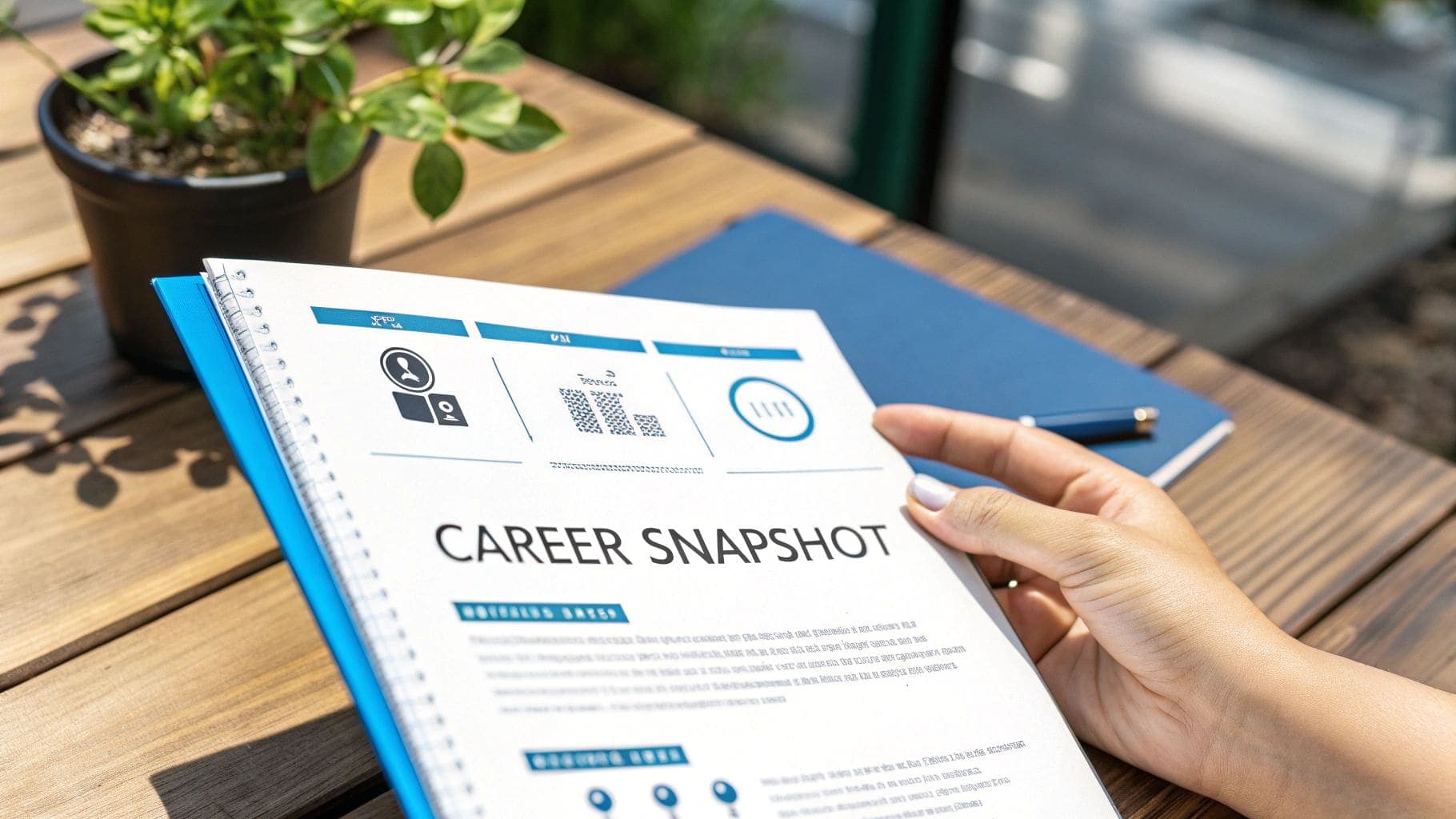 A person's hand carefully holding a Career Snapshot document on a wooden table with a small potted plant visible in the background